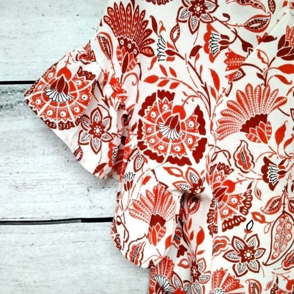 W5 Concepts Blouse Orange Floral Ruffle Sleeve Tie Front Sz M Cottagecore - Picture 3 of 9